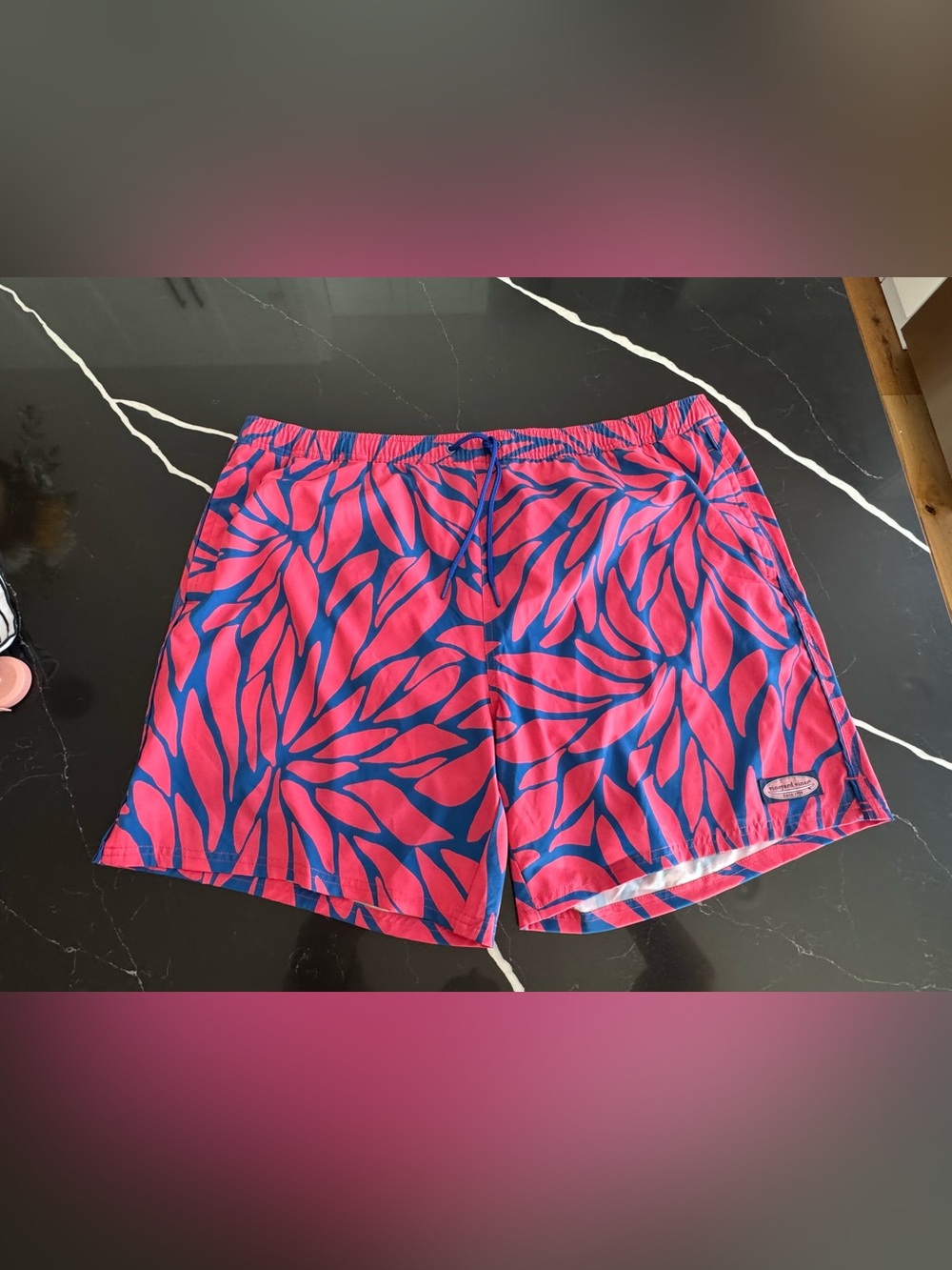 Vineyard Vines Pink and Blue Leaf-Print swim trunks